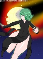  1girl black_dress breasts chaoschrome closed_mouth curly_hair dress floating green_eyes green_hair highres long_sleeves meteor one-punch_man open_mouth short_hair small_breasts solo tatsumaki thick_thighs thighs wide_hips  rating:Questionable score:2 user:xsilnv