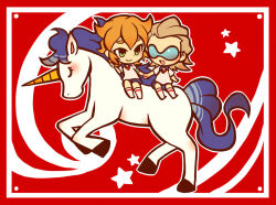  2boys border brown_hair chibi chibi_only closed_mouth dylan_keith eyelashes full_body green_eyes holding_hands inazuma_eleven_(series) kotorai looking_at_another male_focus mark_kruger multiple_boys open_mouth orange_hair red_border riding sidesaddle smile socks star_(symbol) sunglasses unicorn white_socks yaoi 