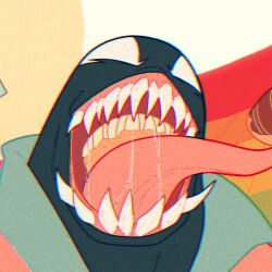  1boy close-up commentary doughnut eating english_commentary food hand_focus jaws_stone long_tongue male_focus marvel monster_boy rainbow_flag sharp_teeth solo spider-man_(series) teeth tongue venom_(marvel) 