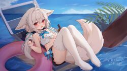 1girl absurdres ahoge alcohol animal_ear_fluff animal_ears blue_bow blue_ribbon blue_sky blush bow braid breasts collared_shirt crossed_bangs cup dated day drinking_glass feet fox_ears fox_girl fox_tail grey_hair hair_between_eyes hair_ribbon hand_up highres holding innertube knees_up large_ears legs looking_at_viewer low_twintails lying midriff navel no_shoes on_back original outdoors red_eyes ribbon sakurada_shiro_(hy_plus) shirt sidelocks signature sky sleeveless sleeveless_shirt small_breasts soaking_feet solo swim_ring synring97 tail thighhighs toes twintails water white_thighhighs wine_glass rating:Sensitive score:16 user:danbooru