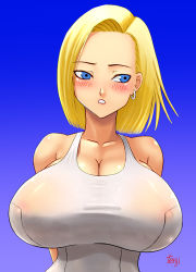  1girl alternate_breast_size android_18 arms_behind_back artist_name bare_shoulders blonde_hair blue_background blue_eyes blush breasts cleavage collarbone dragon_ball dragonball_z earrings facing_viewer female_focus gradient_background hoop_earrings huge_breasts impossible_clothes impossible_shirt jewelry large_breasts looking_to_the_side nipples one-piece_swimsuit see-through shiny_skin shirt short_hair simple_background solo standing swimsuit taut_clothes taut_swimsuit tenji upper_body white_one-piece_swimsuit  rating:Questionable score:132 user:ujtrfg