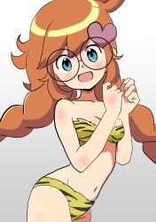  1girl :d absurdres animal_print bikini blue_eyes blush body_blush braid breasts cleavage collarbone detesu female_focus glasses gradient_background hair_ornament heart heart_hair_ornament highres long_hair looking_at_viewer navel nintendo open_mouth orange_hair penny_crygor round_eyewear small_breasts smile solo standing stomach swimsuit tiger_print twin_braids twintails warioware  rating:Sensitive score:32 user:ImWastingMyLife