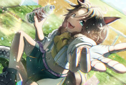  1girl :d animal_ears aqua_eyes arm_up black_footwear bottle breasts brown_hair commentary cropped_jacket cropped_shirt green_skirt hair_between_eyes holding holding_bottle horse_ears horse_girl horse_tail indian_style jacket jewelry kekkekekke light_particles long_hair looking_at_viewer medium_breasts mejiro_palmer_(umamusume) midriff miniskirt multicolored_hair necklace open_clothes open_jacket open_mouth parted_bangs ponytail reaching reaching_towards_viewer shadow shirt shoes sidelocks sitting skirt sleeves_past_elbows smile solo streaked_hair tail teeth umamusume upper_teeth_only water_bottle white_footwear white_hair white_jacket yellow_shirt 