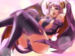  00s 1girl blush boots breasts bridal_gauntlets cameltoe cleavage crotch demon_girl demon_wings covered_erect_nipples fang horns huge_breasts kenjuurou large_breasts looking_at_viewer magical_witch_academy nail_polish naughty_face open_mouth pointy_ears purple_eyes purple_hair rubbing short_hair smile solo demon_girl tail thigh_boots thighhighs thighs unzipped wings wink  rating:Explicit score:43 user:Furio