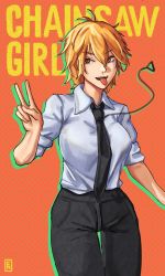  1girl black_necktie black_pants blonde_hair breasts brown_eyes business_suit chainsaw_man denji_(chainsaw_man) firex formal genderswap genderswap_(mtf) highres looking_at_viewer medium_breasts necktie open_mouth orange_background pants sharp_teeth short_hair simple_background solo suit teeth tongue tongue_out v  rating:Sensitive score:8 user:danbooru