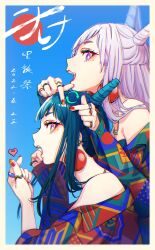  2girls akroglam arrow_(symbol) blue_background blue_hair blunt_bangs border commentary_request cone_hair_bun double_bun eyeliner finger_heart from_side grey_hair hair_bun highres index_finger_raised jewelry lena_(akroglam) long_hair looking_at_viewer makeup multicolored_shirt multiple_girls nail_polish natsuharu new_year nina_(akroglam) off_shoulder open_mouth profile purple_eyes red_eyeliner red_lips red_nails ring siblings sidelocks sisters twins upper_body white_border 