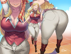 10s 1girl armpits ass bare_arms bent_over blonde_hair blush boku_no_hero_academia breasts cleavage collared_shirt curvy day closed_eyes glasses happy hip_focus huge_ass large_breasts legs long_hair melissa_shield multiple_views obui open_mouth outdoors shirt smile standing tagme teeth thick_thighs thighs tongue wide_hips  rating:Sensitive score:379 user:Marcerner