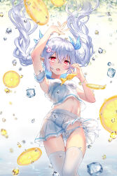 animal_print blue_bra blush bra breasts bubble devil_heavens dress falling fang floating floating_hair food fruit grey_hair ice ice_cube lemon lemon_slice loli open_mouth original panties pointy_ears print_panties rabbit_panties rabbit_print red_eyes sailor_dress see-through see-through_shirt skirt small_breasts thighhighs twintails underwear water wet wet_clothes white_hair