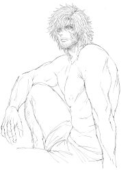  1boy abs absurdres bara beard_stubble clive_rosfield expressionless facial_hair feet_out_of_frame final_fantasy final_fantasy_xvi greyscale highres large_pectorals looking_at_viewer looking_to_the_side male_focus mature_male monochrome muscular muscular_male nipples pectorals scar scar_on_face short_hair short_shorts shorts sitting sketch solo sparse_leg_hair spread_legs stubble thick_eyebrows topless_male tsurime zanki  rating:Sensitive score:1 user:danbooru