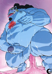  1boy big_belly blue_eyes blue_skin colored_skin cum cum_on_body feet highres jinbe_(one_piece) large_penis male_focus one_piece penis pink_background red_tattoo solo_focus sweatdrop  rating:Explicit score:5 user:MrWack