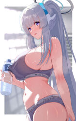  1girl absurdres bare_arms bare_shoulders blue_archive bottle breasts covered_erect_nipples from_side grey_hair grey_sports_bra halo highres holding holding_bottle large_breasts long_hair looking_at_viewer mechanical_halo navel ni_tamago_sando noa_(blue_archive) panties ponytail purple_eyes shiny_skin sideboob solo sports_bra standing sweat underwear very_long_hair water_bottle white_halo 