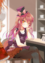 1girl :t apron black_apron black_hat black_pantyhose blush brown_hair cafe-chan_to_break_time cafe_(cafe-chan_to_break_time) crossed_legs eyelashes feet_out_of_frame frilled_apron frills hair_between_eyes hat head_rest highres jewelry layered_skirt long_hair looking_at_viewer mini_hat necklace original pantyhose porurin pout shirt short_sleeves sitting skirt solo top_hat v-shaped_eyebrows white_shirt