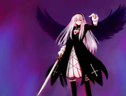  1girl dress gothic_lolita hairband lolita_fashion long_hair looking_at_viewer pointing red_eyes rozen_maiden silver_hair solo suigintou sword weapon wings  rating:Sensitive score:2 user:ccrc