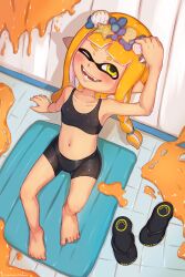  1girl absurdres artist_name barefoot bike_shorts black_shorts black_sports_bra blush braid collarbone eyebrow_cut fatwave feet female_focus from_above full_body hand_on_own_head head_wreath highres ink inkling inkling_girl inkling_player_character loli long_hair navel nintendo one_eye_closed open_mouth orange_hair pixiv_username pointy_ears sandals shadow shiny_clothes shorts single_braid sitting smile solo splatoon_(series) sports_bra stomach sweat teeth tentacle_hair toes twitter_username unworn_footwear unworn_sandals yellow_eyes 