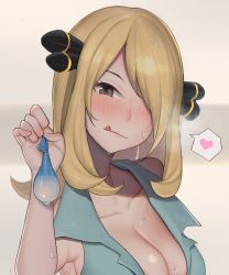 1girl absurdres blonde_hair blush breasts cleavage collarbone condom creatures_(company) cynthia_(pokemon) game_freak gatchan hair_ornament hair_over_one_eye heart heart_in_eye highres holding holding_condom large_breasts licking_lips long_hair looking_at_viewer naughty_face nintendo pokemon pokemon_(anime) pokemon_bw_(anime) smile solo sweat symbol_in_eye tongue tongue_out upper_body used_condom rating:Explicit score:188 user:danbooru