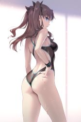  1girl absurdres adjusting_clothes adjusting_swimsuit ass back black_one-piece_swimsuit black_ribbon blue_eyes breasts brown_hair commentary_request competition_swimsuit cowboy_shot fate/stay_night fate_(series) floating_hair from_side gomashio_ponz hair_ornament highres long_hair looking_at_viewer looking_back medium_breasts one-piece_swimsuit parted_lips revision ribbon shiny_skin solo standing swimsuit tohsaka_rin twitter_username two_side_up water_drop wet wet_clothes wet_swimsuit wristband  rating:Sensitive score:158 user:danbooru