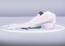  1girl bending_backward black_hair breasts chest_stand closed_eyes contortion feet flexible highres huge_breasts long_hair original simple_background solo thighs white_background zemzeq 