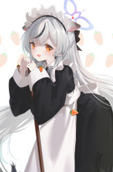  1girl :d absurdres alternate_costume animal_ear_fluff animal_ears apron blue_archive bow brown_eyes carrot_background cocokawa_(cjsj8353) commentary_request enmaided grey_hair hair_between_eyes hair_bow hair_ribbon halo head_tilt highres holding holding_mop kokona_(blue_archive) leaning_forward long_hair long_sleeves looking_at_viewer low_twintails maid maid_apron maid_headdress mop multicolored_hair open_mouth ribbon sidelocks simple_background smile solo streaked_hair tiger_ears tiger_girl twintails two-tone_hair white_apron 