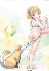  1girl animal ass barefoot bikini bikini_pull blonde_hair blush clothes_pull coppertone dog from_behind holding holding_clothes holding_shirt loli looking_back parody pink_shirt pop_(electromagneticwave) pulling_another&#039;s_clothes purple_eyes shirt short_hair sleeveless sleeveless_shirt standing swimsuit unworn_shirt white_bikini  rating:Questionable score:61 user:cpee