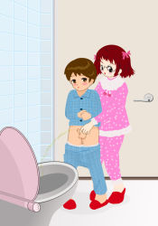  1boy 1girl assisted_peeing bathroom blue_pants blue_shirt blush breasts brother_and_sister brown_eyes brown_hair door glasses hair_ribbon hetero loli long_sleeves neko_no_kimagure open_mouth original pajamas pants peeing penis pink_pants pink_ribbon pink_shirt plaid plaid_pants plaid_shirt polka_dot polka_dot_pants polka_dot_shirt red_footwear red_hair ribbon shirt short_hair shota siblings slippers small_breasts smile standing testicles toilet toilet_use twintails  rating:Explicit score:32 user:hazuri