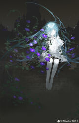  1other akiyako arm_support bare_legs barefoot black_shorts black_sky blue_hair brick_wall closed_eyes closed_mouth dark_background dream_catcher facing_viewer floating_hair flower full_body hair_between_eyes highres jewelry long_hair morning_glory night night_sky on_wall original pale_skin pendant purple_flower shirt short_sleeves shorts sitting sky solo star_(sky) straight-on torn_clothes torn_shirt very_long_hair weibo_logo weibo_watermark white_shirt 