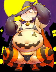  1boy armpits artist_request body_writing bra cape fat fat_man full_body gloves halloween hat looking_down male_focus navel penis purple_hair red_eyes shota small_penis solo thighhighs thong underwear witch witch_hat  rating:Explicit score:25 user:Keaton5