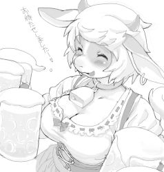  1girl alcohol animal_ears beer blush breasts cleavage cow cow_girl furry furry_female horns kikurage_(crayon_arts) large_breasts monochrome solo  rating:Sensitive score:30 user:shape_shifty