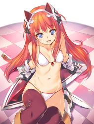  1girl :d alisia_heart animal_ears arm_support bikini blue_eyes boots braid breasts checkered_floor dungeon_travelers_2 fake_animal_ears front-tie_bikini_top front-tie_top gauntlets hair_over_shoulder hairband highres kawata_hisashi long_hair looking_at_viewer navel non-web_source open_mouth purple_thighhighs red_hair side-tie_bikini_bottom small_breasts smile solo string_bikini swimsuit sword thighhighs tile_floor tiles very_long_hair weapon white_bikini 