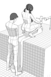  1boy 1girl absurdres ass bad_id bad_twitter_id barefoot commentary_request girl+boy_peeing_together greyscale highres industrial_pipe long_hair monochrome nude original short_hair squatting standing tile_floor tile_wall tiles toes twintails urinal urinal_use velzhe wireframe  rating:Questionable score:74 user:danbooru