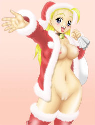  00s 10s 1girl bell blonde_hair blue_eyes blush boots breasts christmas cleft_of_venus contrapposto cowboy_shot facing_viewer fur-trimmed_footwear fur-trimmed_jacket fur_trim furinji_miu fuurinji_miu gift_bag gradient_background happy hat jacket jingle_bell jingle_bell_collar long_hair looking_at_viewer medium_breasts mole mole_under_eye naked_jacket navel neck_bell nipples outstretched_arm perky_breasts pussy red_footwear red_jacket santa_costume santa_hat shijou_saikyou_no_deshi_ken&#039;ichi simple_background small_areolae small_nipples smile solo standing thigh_boots thighhighs uncensored  rating:Explicit score:37 user:danbooru