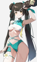  1girl absurdres aqua_bikini arm_up armpits bare_shoulders bikini black_survival blush breasts commentary_request cowboy_shot double_bun eternal_return:_black_survival flower gourd hair_bun highres holding korean_commentary li_dailin long_hair looking_at_viewer medium_breasts multicolored_bikini multicolored_clothes navel piu47 simple_background smile solo spilling swimsuit thigh_strap thighs twintails underboob very_long_hair wet white_background white_bikini white_flower yellow_eyes yellow_tassel 
