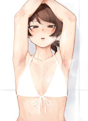 1girl absurdres armpits arms_up bikini blush breasts brown_eyes brown_hair commentary_request furrowed_brow girls_und_panzer highres kawanishi_shinobu looking_at_viewer parted_lips short_hair short_ponytail simple_background small_breasts solo straight-on sweat swimsuit toku_(yhpv8752) upper_body very_sweaty white_background white_bikini rating:Sensitive score:27 user:danbooru