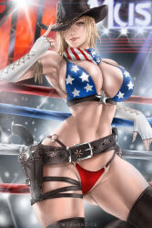  1girl american_flag american_flag_bikini american_flag_print artist_name belt bikini breasts brown_belt brown_thighhighs cleavage closed_mouth cowboy_hat dead_or_alive dead_or_alive_5 female_focus fingerless_gloves flag_print gloves hat hat_over_one_eye highres holster large_breasts lips looking_at_viewer mole mole_on_breast navel print_bikini smile solo swimsuit tecmo thick_thighs thighhighs thighs tina_armstrong white_gloves wrestling_ring wtparadise 