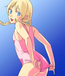  1girl artist_request ass bikini blonde_hair blue_background blue_eyes blush braid breasts clothes_pull from_behind gradient_background loli long_hair looking_at_viewer looking_back one-piece_swimsuit one-piece_swimsuit_pull open_mouth outdoors pink_one-piece_swimsuit sexually_suggestive small_breasts smile swimsuit teeth twin_braids wedgie  rating:Questionable score:13 user:lolipositor