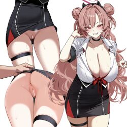  1girl anus ass ass_focus ateoyh bar_censor black_choker black_skirt blue_archive blush breasts censored choker cleavage cleft_of_venus clothes_lift collared_shirt double_bun fake_horns fingernails grin hair_bun halo hetero highres horns huge_breasts kirara_(blue_archive) lifting_another&#039;s_clothes long_fingernails long_hair looking_at_viewer nail_polish no_panties pink_eyes pink_hair pink_halo pussy pussy_juice red_nails shirt short_sleeves simple_background skirt skirt_lift smile solo thigh_strap white_background white_shirt 
