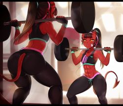 1girl 2019 abs artist_name ass barbell bare_shoulders black_gloves blunt_bangs brown_hair colored_skin commentary demon_girl demon_tail earphones english_commentary exercising fingerless_gloves freckles gloves highres indoors leggings letterboxed long_hair meruccubus_(merunyaa) merunyaa midriff mirror muscular muscular_female orange_eyes original pants pixiv_username pointy_ears ponytail red_skin reflection solo sports_bra tail weightlifting yoga_pants rating:Sensitive score:136 user:danbooru