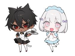  2girls :d :o animal_ears apron bell black_hair blush bow cat_ears chibi coffee_cup cup dark-skinned_female dark_skin disposable_cup hair_bow hair_ornament hairclip maid maid_headdress micchan_(ohisashiburi) multicolored_eyes multiple_girls nacchan_(ohisashiburi) ohisashiburi open_mouth original pink_eyes puffy_sleeves red_eyes short_hair short_sleeves smile thighhighs tray white_hair 