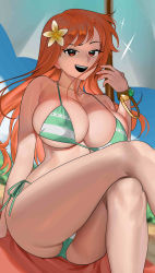 1girl absurdres ass bikini blue_sky bracelet breasts cleavage cloud cloudy_sky commission feet_out_of_frame flower gluteal_fold green_bikini hair_flower hair_ornament halterneck hand_up highres jewelry large_breasts long_hair looking_at_viewer nami_(one_piece) nia_(nia4294) one_piece open_mouth orange_hair red_eyes side-tie_bikini_bottom sky smile solo string_bikini striped_bikini striped_clothes swimsuit umbrella underboob white_flower rating:Sensitive score:198 user:danbooru