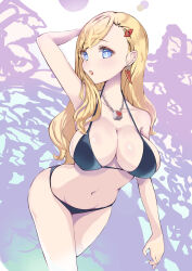  1girl :o absurdres bikini black_bikini blonde_hair blue_eyes breasts earrings eden&#039;s_zero hair_behind_ear hair_ornament hairclip highres jewelry large_breasts long_hair looking_at_viewer navel necklace nonoro_(potato461) rebecca_bluegarden solo swept_bangs swimsuit very_long_hair 