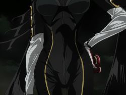  1girl animated animated_gif bayonetta bayonetta:_bloody_fate bayonetta_(series) breast_cutout breasts cleavage glasses gun hand_on_own_hip large_breasts lowres screencap solo weapon 