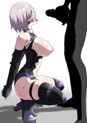  armbinder arms_behind_back bdsm blush bondage bound breasts breasts_out dental_gag drooling fate/grand_order fate_(series) gagged hidden_eyes high_heels imminent_fellatio large_breasts mash_kyrielight silhouette squatting thighhighs tongue tongue_out zetsu_red 
