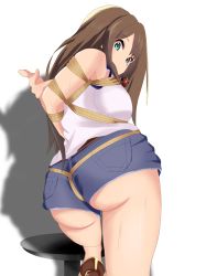 10s 1girl alternate_costume aqua_eyes ass ball_gag bare_shoulders bdsm bondage bound breasts brown_hair crotch_rope denim denim_shorts from_behind from_below gag highres huge_ass idolmaster idolmaster_cinderella_girls large_breasts long_hair looking_at_viewer rope saliva saliva_trail shibuya_rin short_shorts shorts sideboob solo sweat rating:Questionable score:36 user:armorcrystal