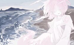  1girl beach closed_eyes commentary_request facing_viewer floating_hair foreshortening full_body medium_hair mermaid monster_girl mountainous_horizon nizugoseeki open_mouth outdoors outstretched_arm pink_hair shirt short_sleeves smile solo suishitai_ni_modoranaide_(vocaloid) vocaloid waves white_shirt wind 