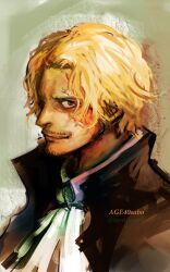  1boy aged_up ascot beard_stubble blonde_hair blue_eyes character_name closed_mouth commentary_request english_text facial_hair highres male_focus mustache_stubble one_piece sabo_(one_piece) scar scar_across_eye scar_on_face short_hair smile solo stubble torapunch white_ascot  rating:General score:2 user:danbooru