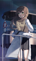  1girl :o absurdres aurora beige_sweater black_skirt blush brown_hair dustea green_eyes highres jacket lifebuoy long_hair long_sleeves looking_to_the_side night night_sky open_mouth original outdoors railing ship skirt sky solo standing sweater watercraft white_jacket 