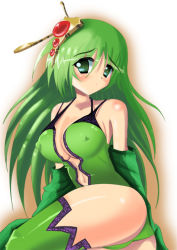  1990s_(style) 1girl bad_id bad_pixiv_id bare_shoulders blush breasts cleavage covered_erect_nipples final_fantasy final_fantasy_iv final_fantasy_iv:_the_after_years green_eyes green_hair hair_ornament kuririn_(pixiv) large_breasts leotard long_hair aged_up rydia_(ff4) solo thighhighs  rating:Questionable score:6 user:danbooru