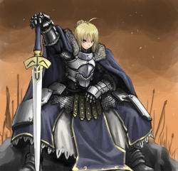  a_game_of_thrones armor artoria_pendragon_(fate) blonde_hair boots cape fate_(series) gauntlets green_eyes kimbbq saber_(fate) sitting sword tagme weapon  rating:Sensitive score:16 user:mecatama