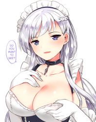1girl azur_lane belfast_(azur_lane) blue_eyes blush braid breasts chain cleavage collar collarbone elbow_gloves frills gloves half-closed_eyes hard-translated ichihaya large_breasts long_hair looking_at_viewer maid_headdress parted_lips silver_hair simple_background smile solo speech_bubble third-party_edit translated upper_body white_background rating:Sensitive score:15 user:StolenTranslations