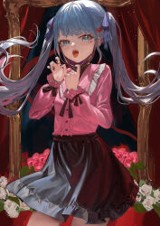  1girl absurdres center_frills claw_pose cowboy_shot fangs floating_hair flower frills hair_ornament hatsune_miku heart heart_hair_ornament highres iinagi_(kashiwa_keira) jewelry long_hair long_sleeves looking_at_viewer mask mask_pull mouth_mask open_mouth picture_frame red_flower red_rose ribbon rose shirt skirt smile solo standing tongue tongue_out twintails vampire_(vocaloid) vocaloid white_flower white_rose 