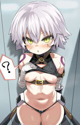  1girl ? bandaged_arm bandages bare_shoulders black_panties black_shirt blush breasts clothes_lift collarbone cropped_shirt facial_scar fate/apocrypha fate/grand_order fate_(series) female_focus green_eyes hair_between_eyes highres inverted_nipples jack_the_ripper_(fate/apocrypha) loli looking_at_viewer navel nipples open_mouth panties scar scar_across_eye scar_on_cheek scar_on_face shimejinameko shirt short_hair shoulder_tattoo sleeveless small_breasts solo tattoo thick_thighs thighhighs thighs underwear white_hair wide_hips 